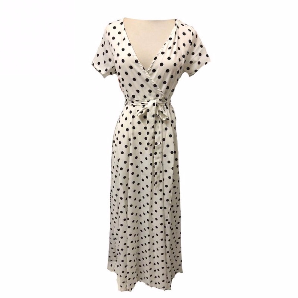 Maxi Wrap Polka Dot Belted White Summer Dress - Picture 5 of 6